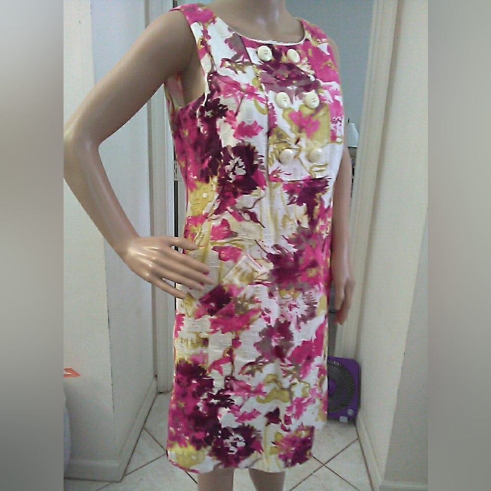 NWOT Willi Smith Floral Shift Dress in Pink, White & Gold POCKETS & BUTTONS SZ.6